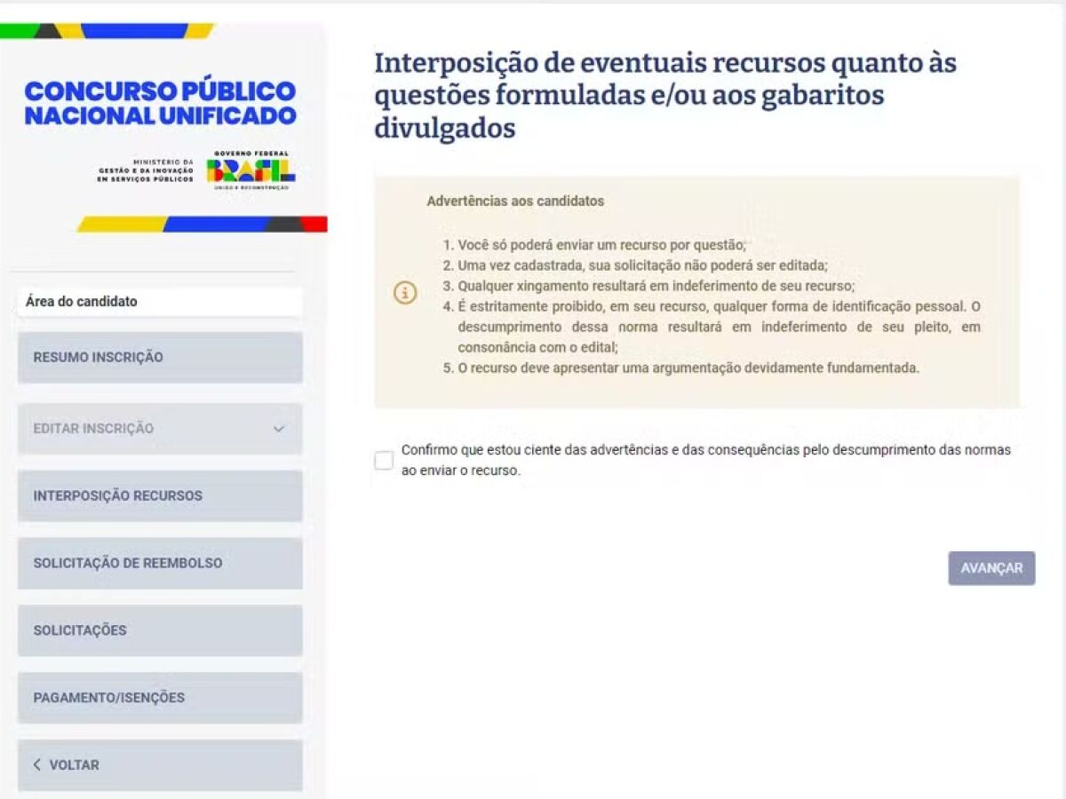Página para solicitação de recurso na Área do Candidato 