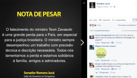 Jucá lamenta morte de Teori e internautas não perdoam