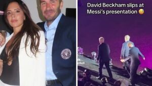 Beckham escorrega durante apresentação de Messi e é zoado por Victoria: "Não é das passarelas"