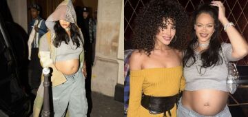 Rihanna coloca sua barriga de grávida à mostra ao sair para jantar em Paris