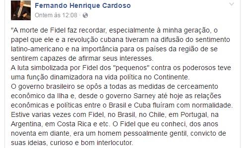FHC chamou Fidel de gentil, curioso e bom articulador