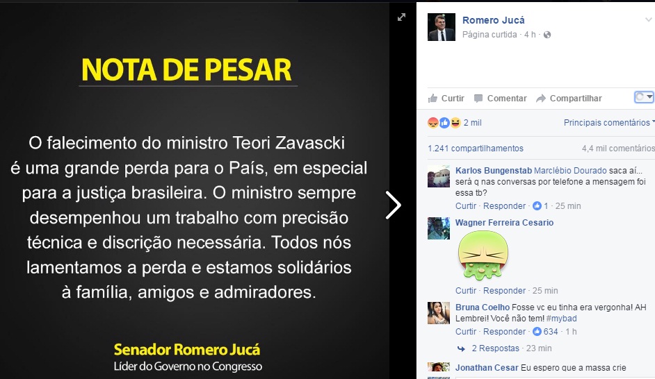Internautas criticam nota de Romero Jucá