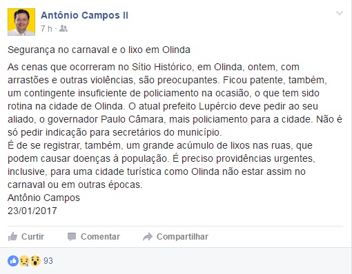 Declaração de Antônio Campos foi feita nas redes sociais