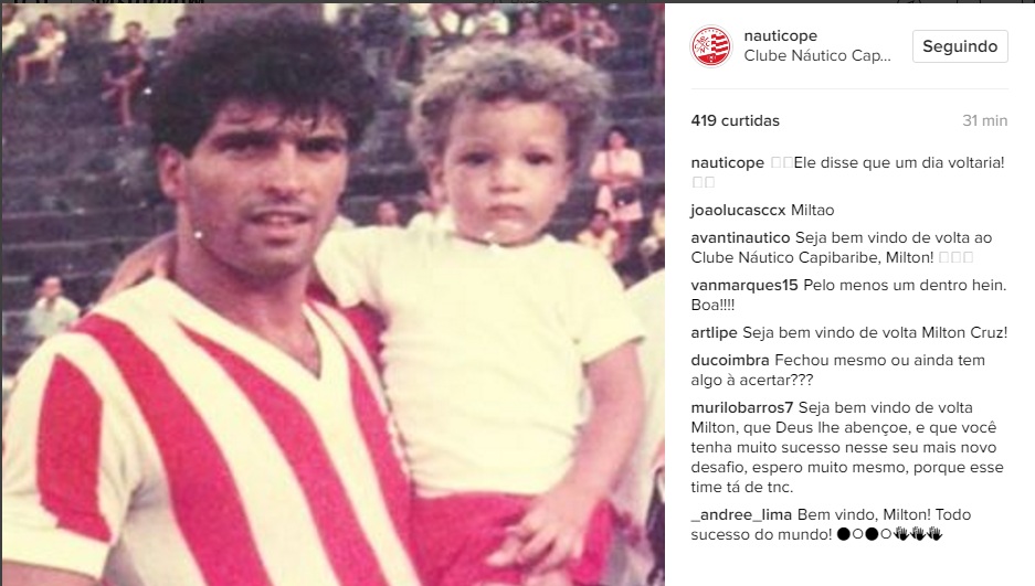 A notícia da contratação de Milton Cruz foi divulgada no Instagram do Náutico