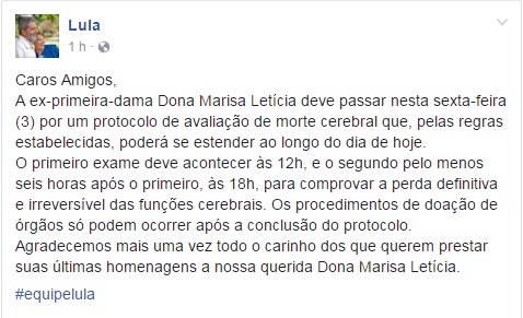 Equipe do ex-presidente postou a mensagem