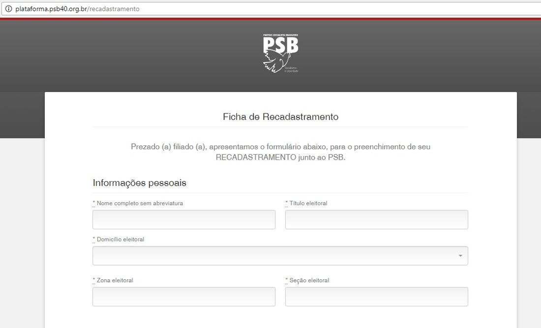 Plataforma de recadastramento do PSB