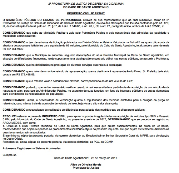 Determinação foi publicada no Diário Oficial 