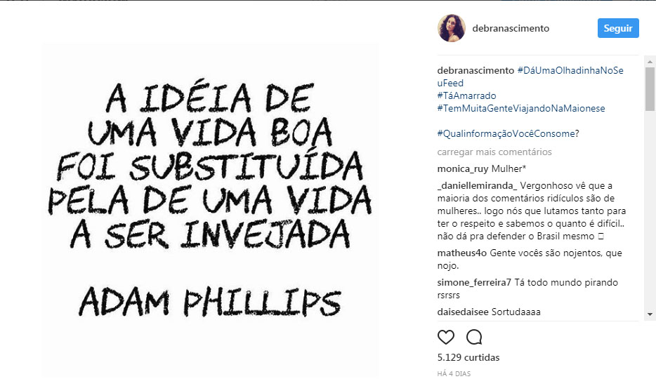 Débora Nascimento postou indiretamente sobre episódio no Instagram