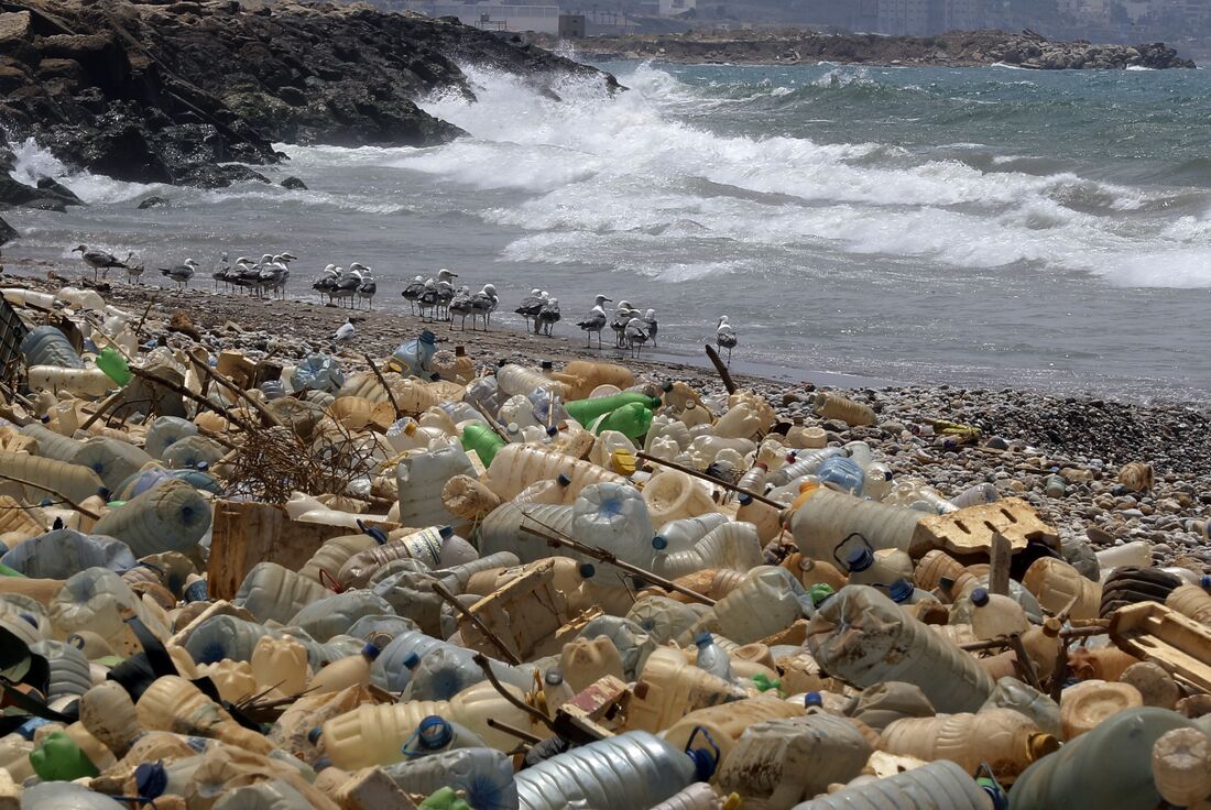 Praia poluída por garrafas plásticas no Líbano