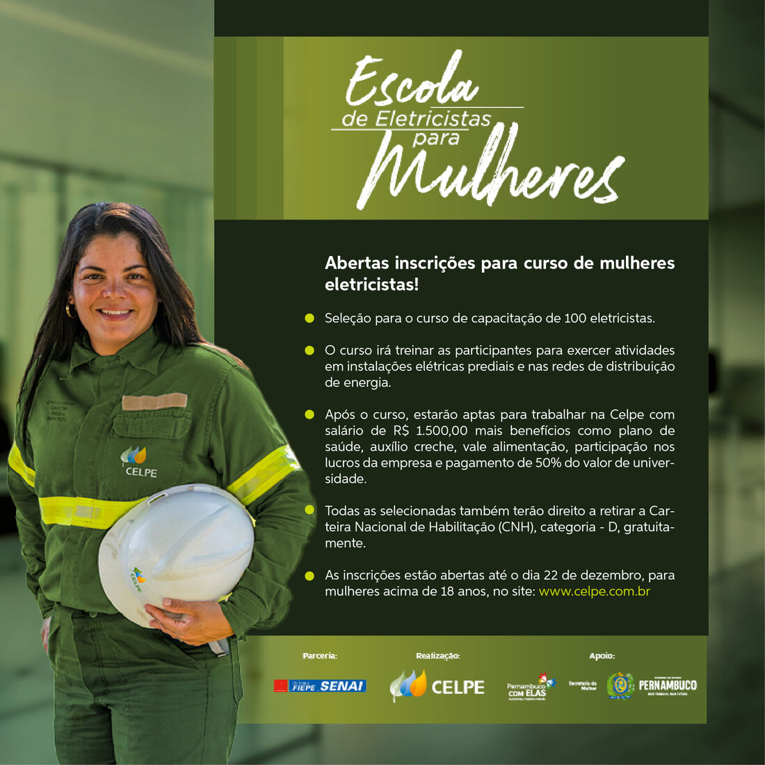 O curso irá treinar as participantes para exercer atividades em instalações elétricas prediais e nas redes de distribuição de energia