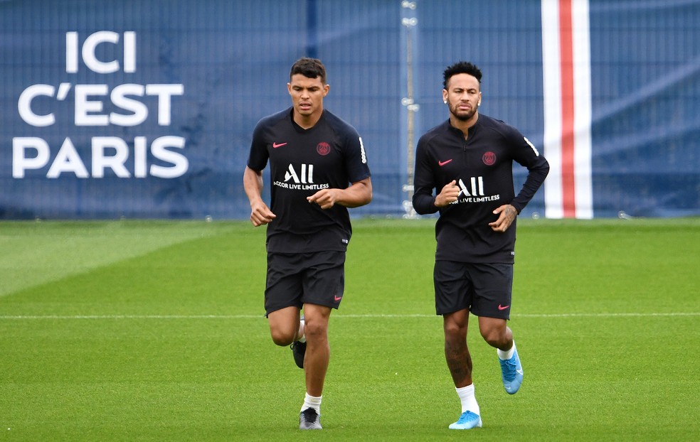 Thiago Silva e Neymar em treino do PSG