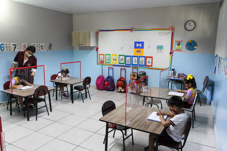 Barreira de acrílico na sala de aula