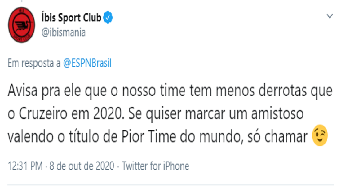 Perfil do Íbis no Twitter não deixou barato a declaração do presidente do Cruzeiro