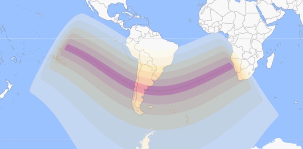 Na faixa em vermelho, o eclipse terá visibilidade total