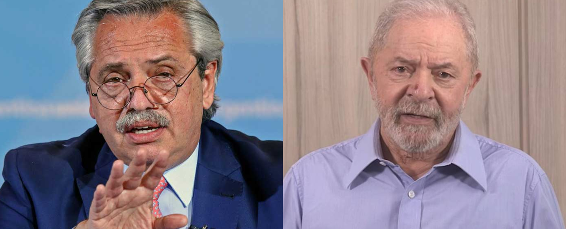 O presidente da Argentina, Alberto Fernández (esq.) e o ex-presidente do Brasil, Luiz Inácio Lula da Silva (dir.)