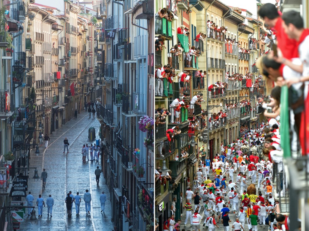 Comparação das ruas da Espanha no último Festival San Fermin, cancelado devido ao coronavírus, com os dias atuais