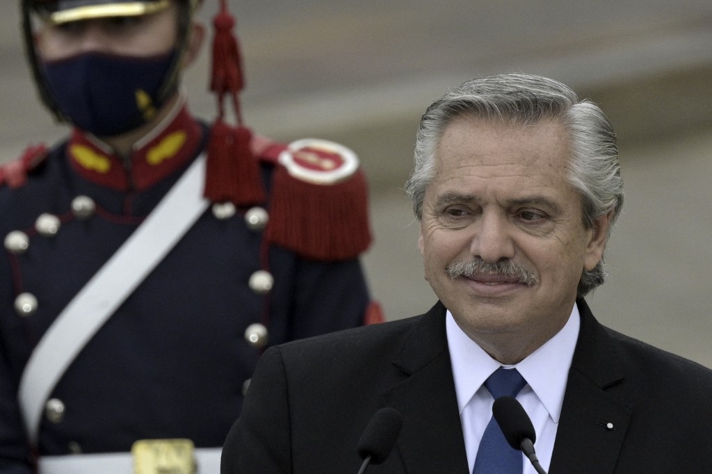 Presidente da Argentina, Alberto Fernandez durante encontro com o premiê espanhol Pedro Sanchez