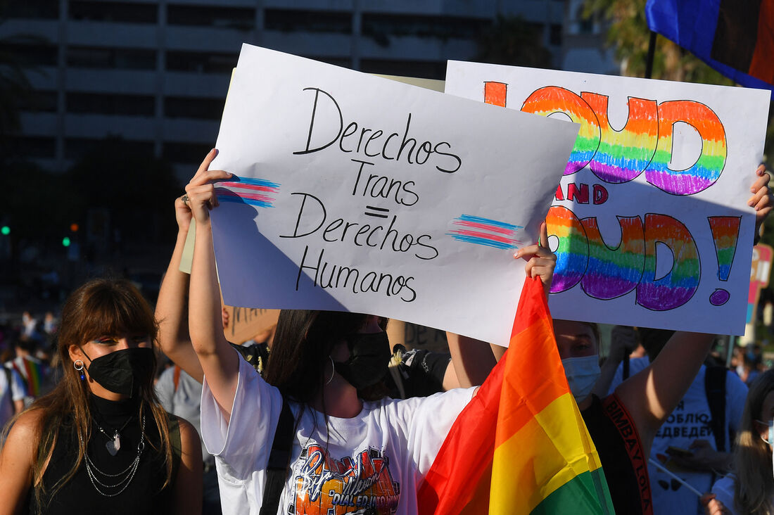 Cartaz de manifestante em marcha pelo Dia Internacional do Orgulho LGBT+ em Valencia, Espanha