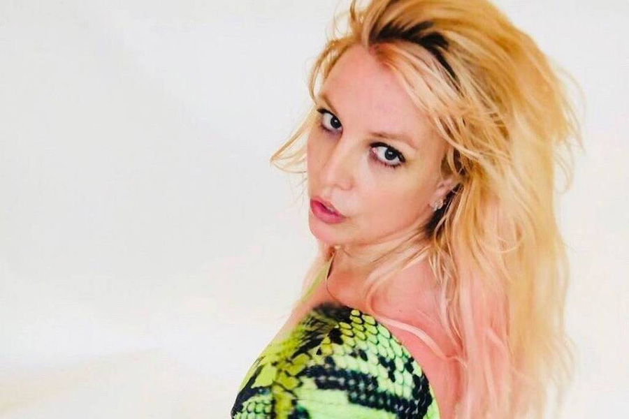 Britney Spears vestindo uma roupa com estampa de cobra