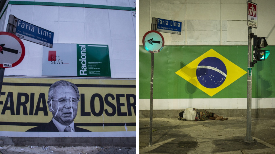 Cartaz 'faria loser' coberto foi coberto com a bandeira do Brasil na avenida Faria Lima.