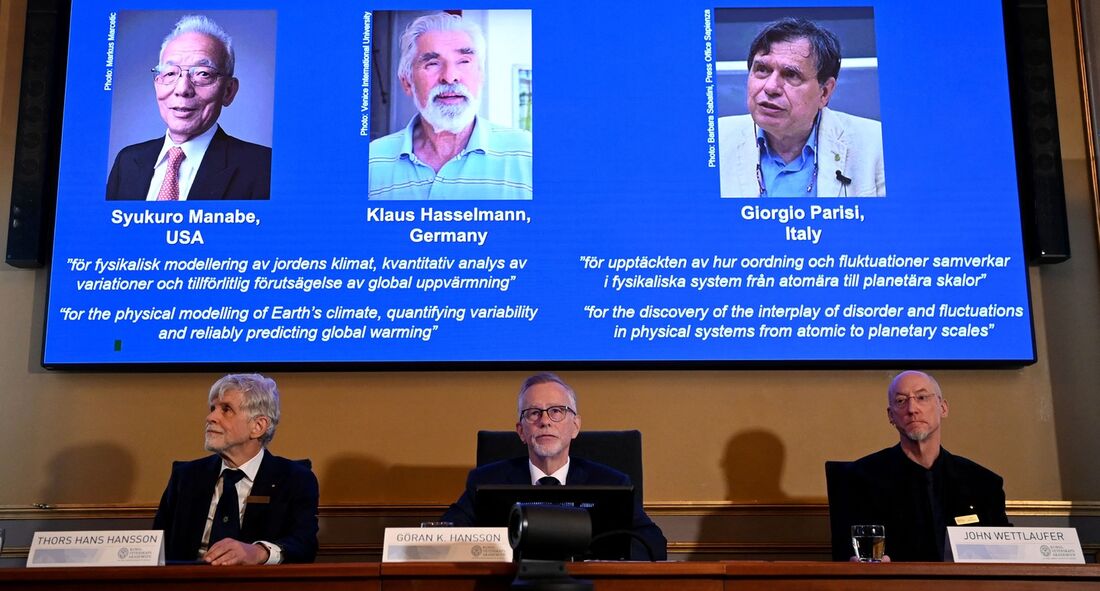 o nipo-americano Syukuro Manabe e o alemão  Klaus Hasselmann, e ao teórico italiano Giorgio Parisi, vencedores do Nobel de Física 