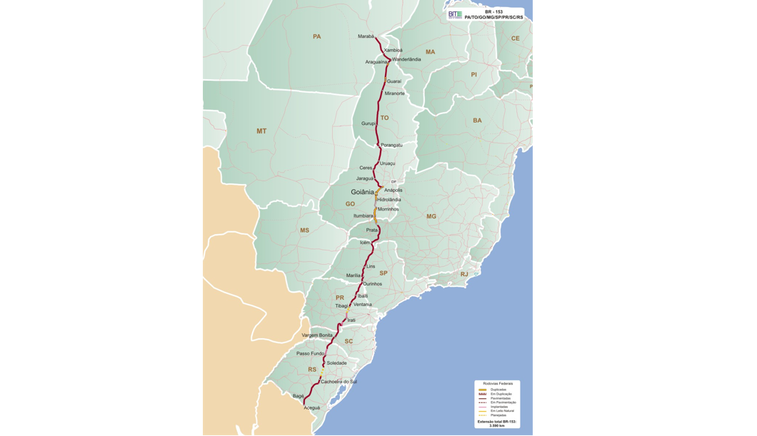 BR-153 é a quinta maior rodovia do país