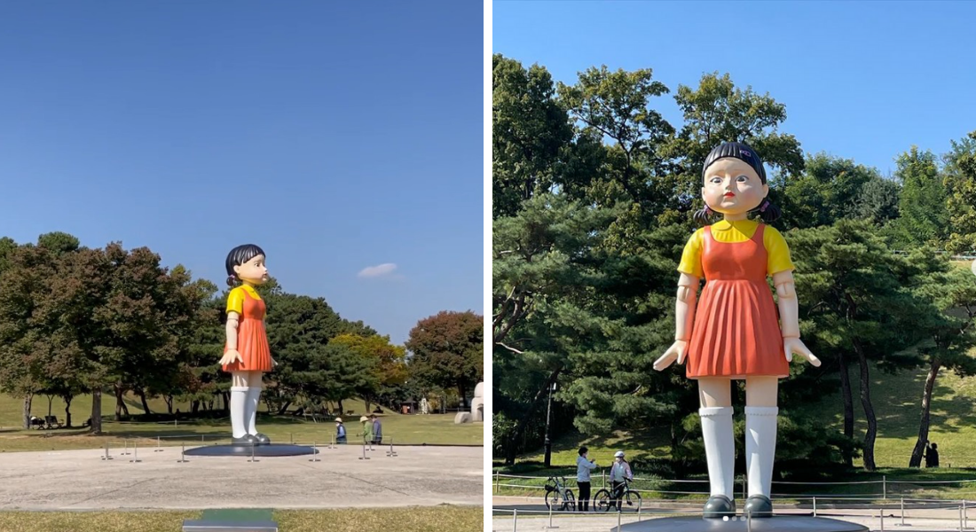 Boneca gigante da série Round 6, em um parque de Seul, Coréia do Sul