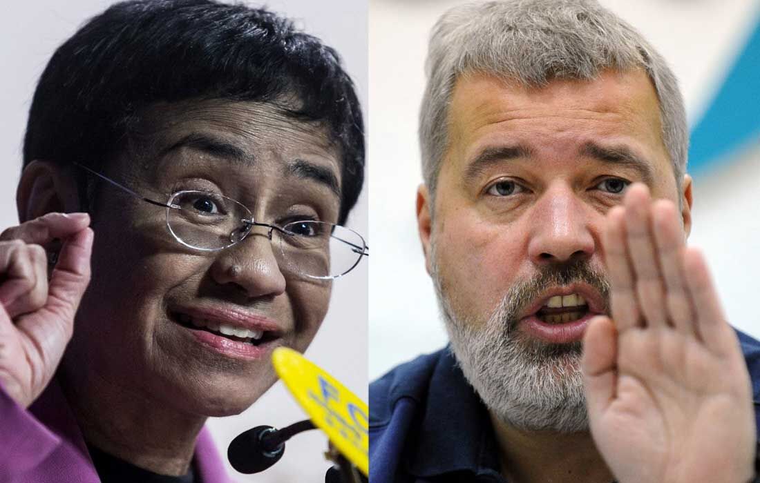 Jornalistas Maria Ressa e Dimitri Muratov em fotos de 2019 e 2012, respectivamente