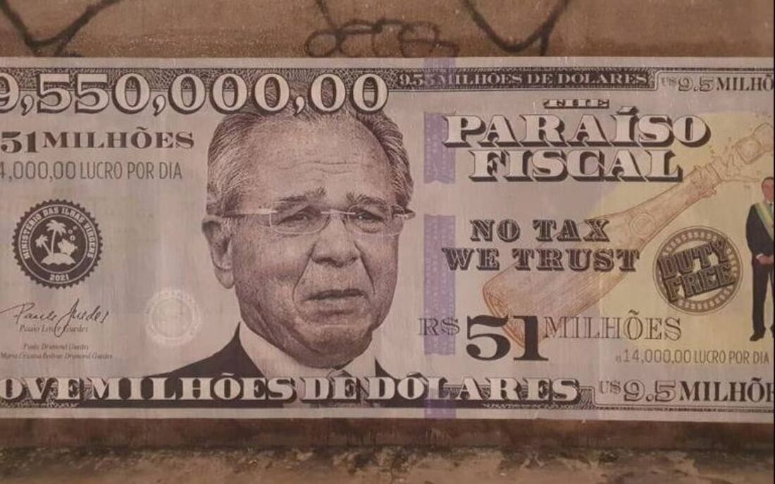 Rosto de Paulo Guedes estampa nota de US$ 9,5 milhões em muros da Faria Lima