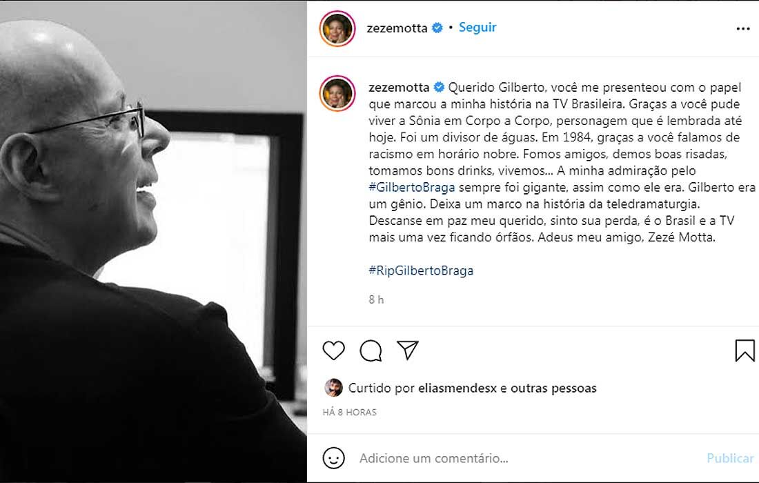 Zezé Motta agradece, em rede social, a Gilberto Braga e lamenta morte do dramaturgo