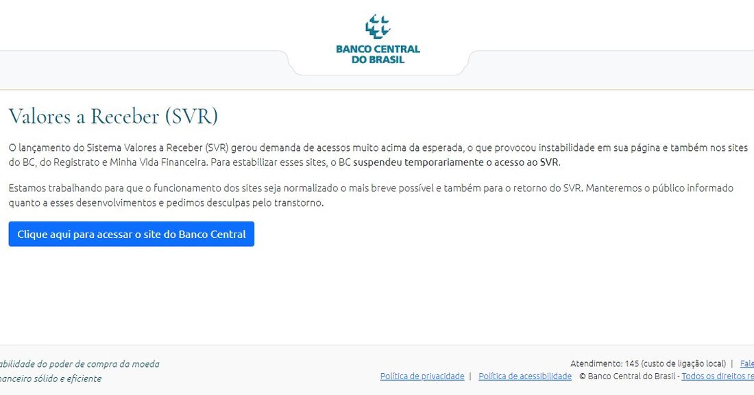 Aviso no site do Banco Central