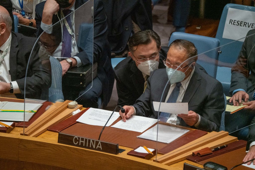 Zhang Jun, Permanent Representative of China to the United Nations, during United Nations Security Council meeting at United Nations headquarters on February 25, 2022 in New York City