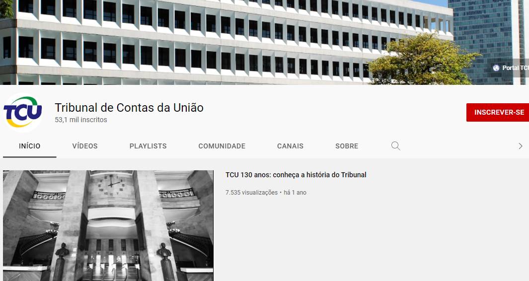 Perfil do TCU no YouTube