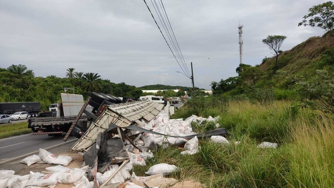 Caminhão que transportava farelo de trigo tomba na BR-101