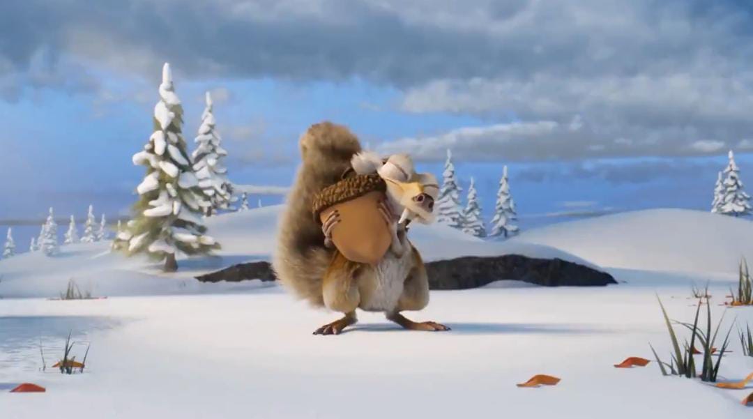 Personagem Scrat, um esquilo dente de sabre, realizando o sonho dele