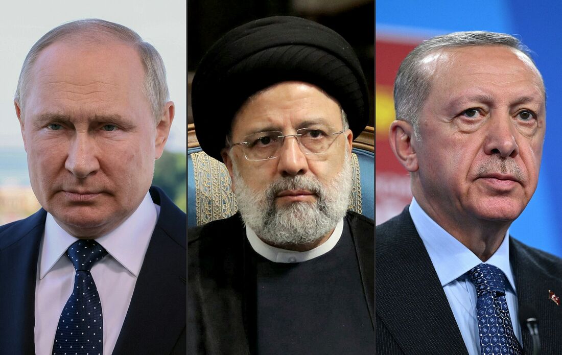 Vladimir Putin, Ebrahim Raisi e Recep Tayyip Erdogan, presidentes da Rússia, Irã e Turquia, respectivamente