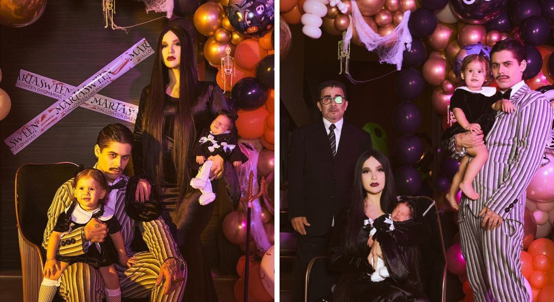 Virginia e Zé Felipe se fantasiam de A Família Addams com as filhas