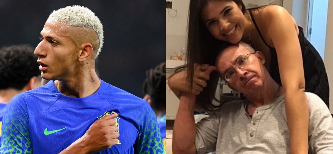 Richarlison (à esquerda) e Laryssa Nogueira com o pai, Edgar Ferreira (à direita)