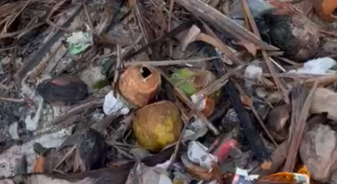 Flagrante: lixo e muito entulho na areia da praia de Mangue Seco