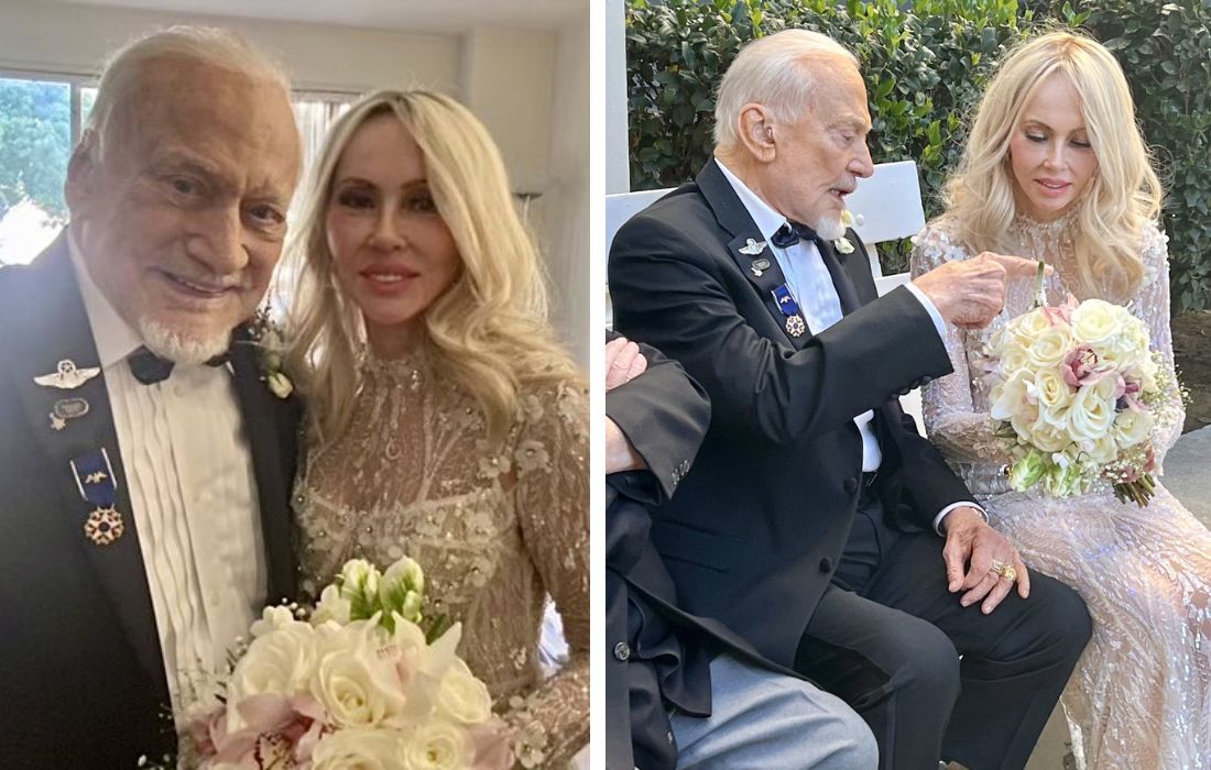 Buzz Aldrin, último sobrevivente da Apollo 11, missão que levou o ser humano à Lua, e sua nova esposa, vice presidente da Buzz Aldrin Ventures, Anca Faur