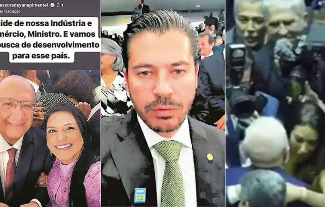 Os deputados Dayane Pimentel e Bozella divulgaram em suas redes a presença na posse de Alckmin; à direita, o abraço da ex-ministra Flávia Arruda em Lula