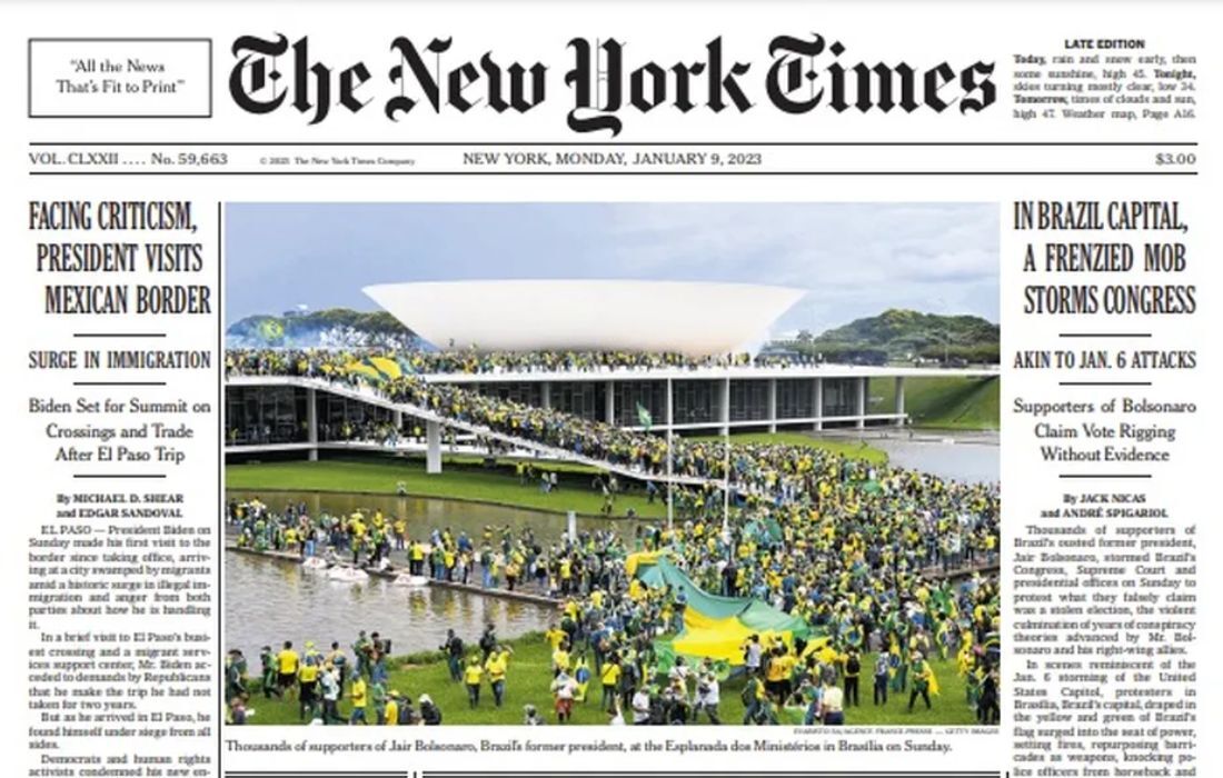 O "The New York Times" publicou foto da ação terrorista em Brasília na primeira página 