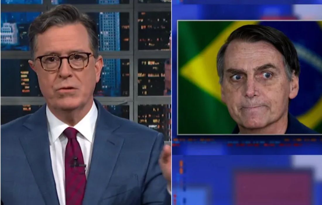 O apresentador Stephen Colbert, do programa "The Late Show", faz piada com o ex-presidente do Brasil Jair Bolsonaro 