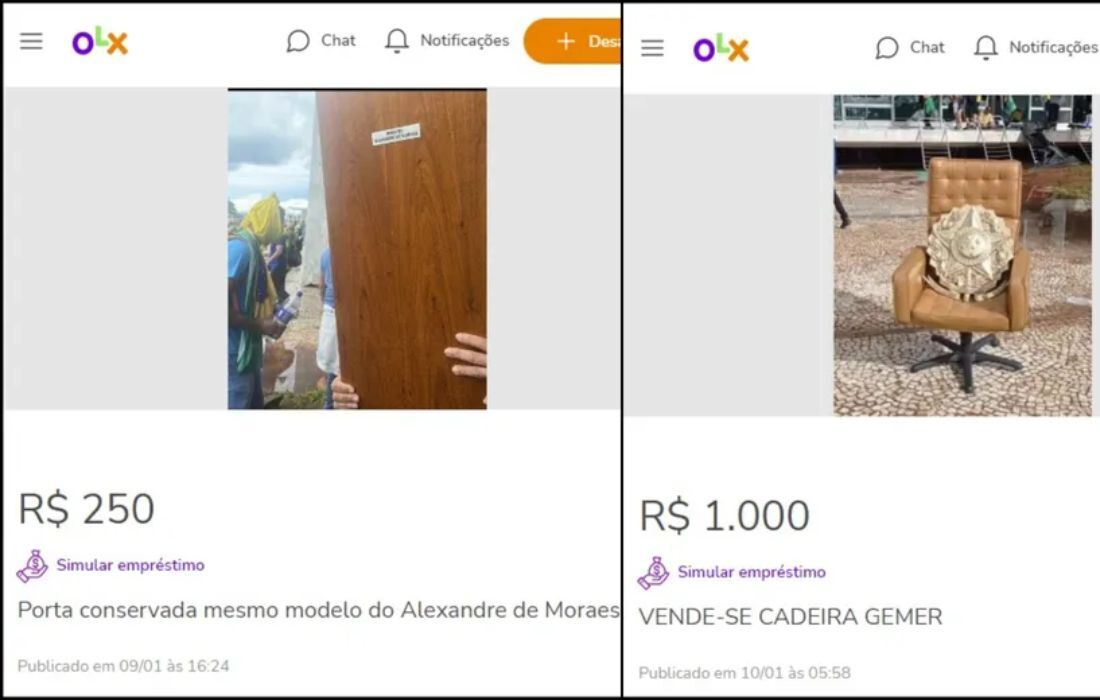 Objetos depredados no STF são oferecidos em sites de comércio eletrônico