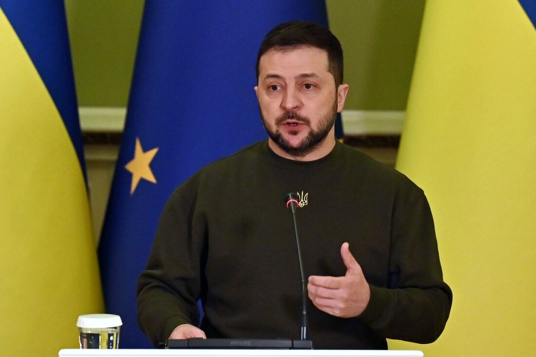 O presidente ucraniano Volodymyr Zelensky durante uma conferência de imprensa conjunta com o presidente da Comissão Europeia