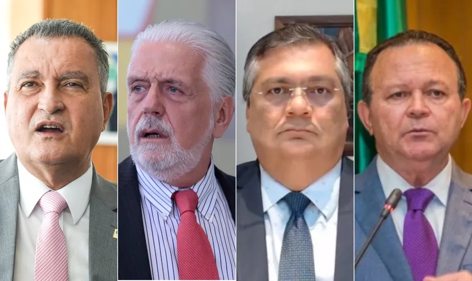 O ministro da Casa Civil, Rui Costa; o líder do governo no Senado, Jaques Wagner; o ministro da Justiça, Flávio Dino; e o governador do Maranhão, Carlos Brandão