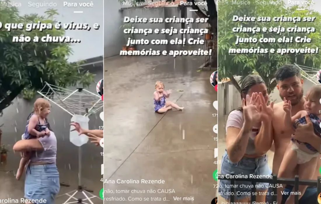 Casal viraliza na internet ao brincar com bebê na chuva e afirmar que ato não causa gripe