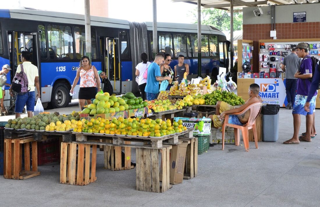 Frutas, verduras e outros alimentos são dispostos em quiosques improvisados, que lembram configuração de uma feira livre