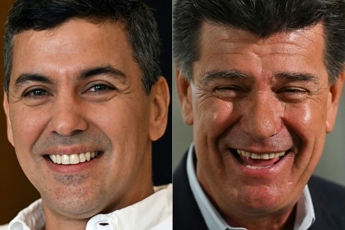 Candidatos presidenciáveis paraguaios Santiago Peña (E), pelo Partido Colorado, e Efrain Alegre pela Coalizão por um partido Novo Paraguai.