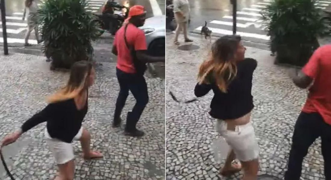 Professora Sandra Mathias Correia de Sá aparece em vídeo dando chicotadas no entregador Max Angelo Alves dos Santos 